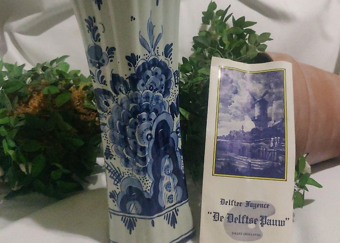 Delft Pottery Delftse Pauw Vintage 12 Tall Vase De Delftse Pauw Delfter Fayence Blue Delft 12 ... photo