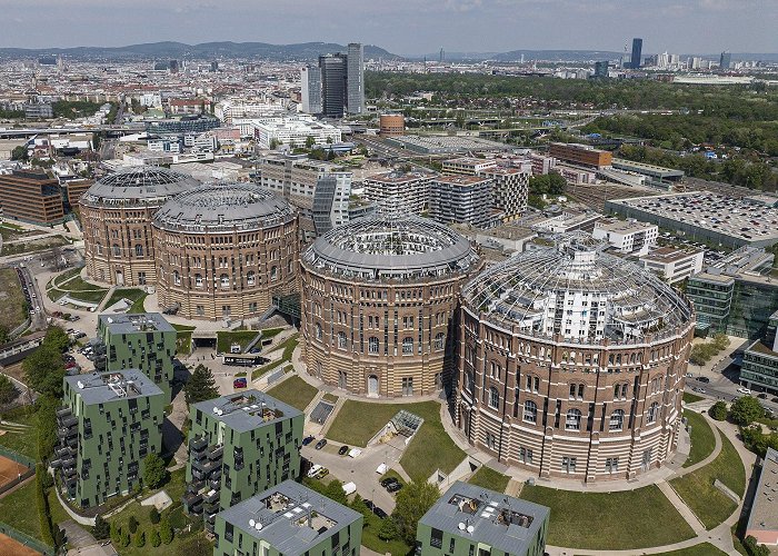 Gasometer Vienna Gasometers, built in 1896 and converted to residential and ... photo