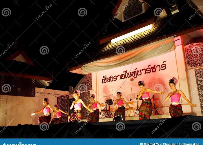 Walking Street Chiang Rai Traditional THAI Dance Greeting for Market Visitors on Walking ... photo