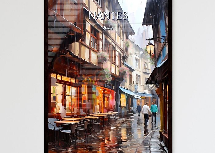 Printing museum A Poster of Nantes, France - A Rainy Street With Tables And Chairs ... photo