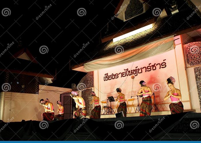 Walking Street Chiang Rai Traditional THAI Dance Greeting for Market Visitors on Walking ... photo